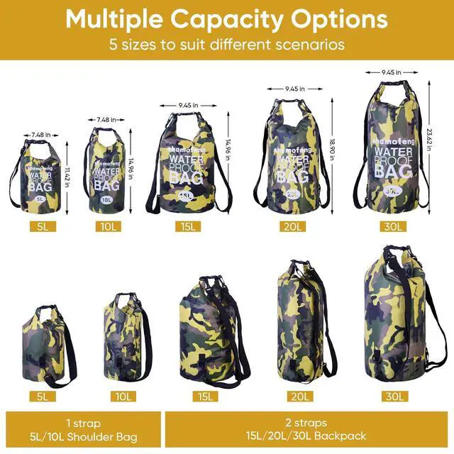 Alt view image 3 of 7 - Waterproof Dry Bag 5L/10L/15L/20L/30L Roll Top Dry Storage Backpack with Phone Case, Collapsible Water Bottle, Sunglasses, Ear Band for Kayaking Boating Swimming Fishing Camping, Yellow 30L