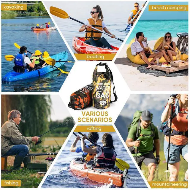 Alt view image 7 of 7 - Waterproof Dry Bag 5L/10L/15L/20L/30L Roll Top Dry Storage Backpack with Phone Case, Collapsible Water Bottle, Sunglasses, Ear Band for Kayaking Boating Swimming Fishing Camping, Yellow 30L