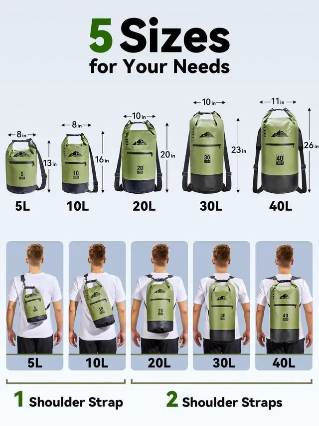 Alt view image 2 of 7 - Waterproof Dry Bag with Front Zippered Pocket for Women Men, Roll Top Lightweight Dry Storage Bag Backpack for Travel, Kayaking, Boating, Rafting, Camping, Hiking & Beach (Green, 10L)