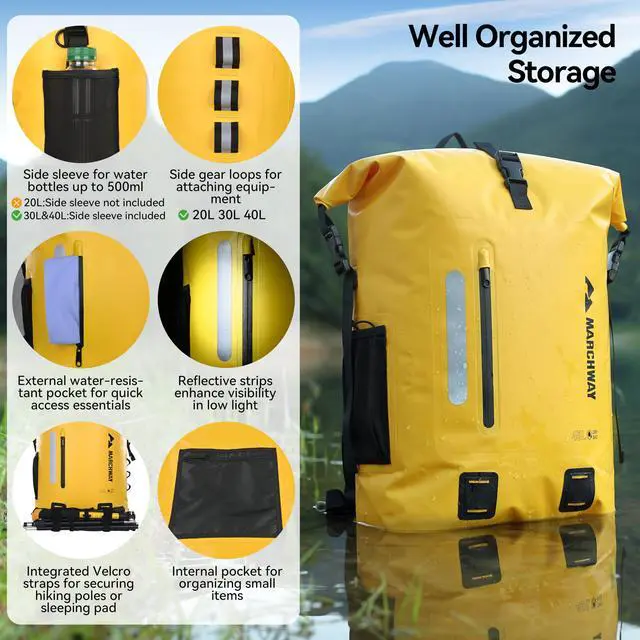 Alt view image 2 of 6 - Roll Top Waterproof Backpack, Floating Dry Bag 20L/30L/45L with Ergonomic Rectangular Base, Cushioned Back, Hip Strap for Hiking Camping Kayaking Travel (Yellow, 20L)