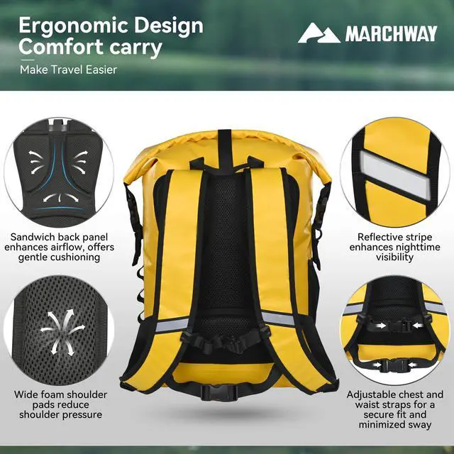 Alt view image 3 of 6 - Roll Top Waterproof Backpack, Floating Dry Bag 20L/30L/45L with Ergonomic Rectangular Base, Cushioned Back, Hip Strap for Hiking Camping Kayaking Travel (Yellow, 20L)