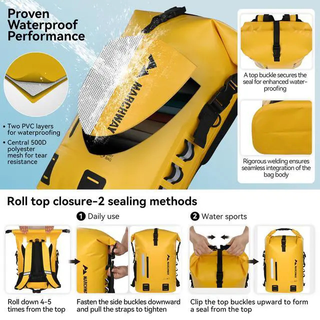 Alt view image 4 of 6 - Roll Top Waterproof Backpack, Floating Dry Bag 20L/30L/45L with Ergonomic Rectangular Base, Cushioned Back, Hip Strap for Hiking Camping Kayaking Travel (Yellow, 20L)