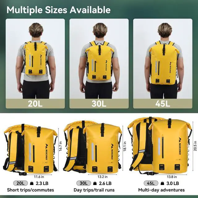 Alt view image 5 of 6 - Roll Top Waterproof Backpack, Floating Dry Bag 20L/30L/45L with Ergonomic Rectangular Base, Cushioned Back, Hip Strap for Hiking Camping Kayaking Travel (Yellow, 20L)