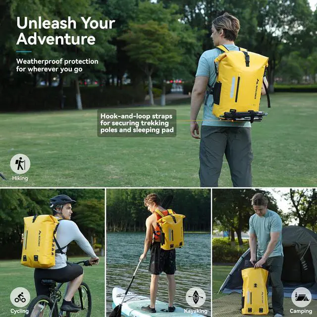 Alt view image 6 of 6 - Roll Top Waterproof Backpack, Floating Dry Bag 20L/30L/45L with Ergonomic Rectangular Base, Cushioned Back, Hip Strap for Hiking Camping Kayaking Travel (Yellow, 20L)