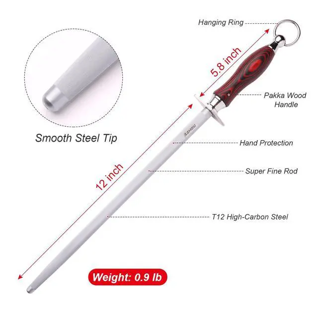 Alt view image 2 of 7 - 12" Professional Knife Sharpener Steel Rod - T12 Carbon Steel (HRC 65±1), Fine 200 Grit for Kitchen & Chef Knives, Easy to Use with Non-Slip Wooden Handle & Gift Box