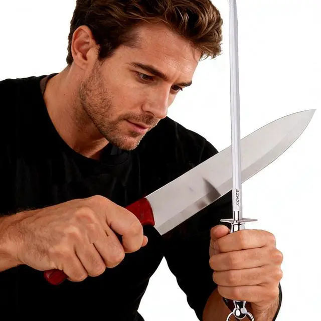 Alt view image 7 of 7 - 12" Professional Knife Sharpener Steel Rod - T12 Carbon Steel (HRC 65±1), Fine 200 Grit for Kitchen & Chef Knives, Easy to Use with Non-Slip Wooden Handle & Gift Box