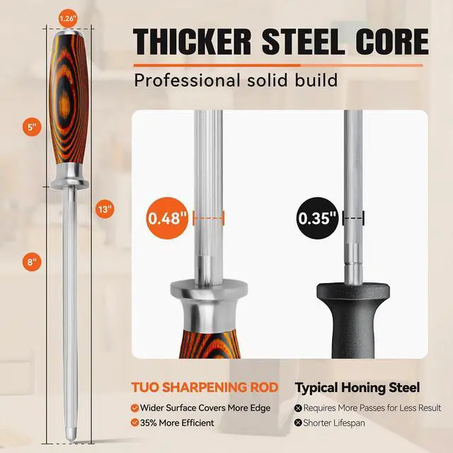 Alt view image 7 of 7 - Honing Rod, Sharpening Steel with Larger Diameter for Kitchen Knife Daily Honing Maintenance, High Carbon Steel 8" Knife Sharpener Rod, Ergonomic Handle