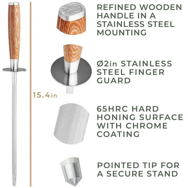 Alt view image 6 of 7 - Premium Honing Rod - Honing Steel Made of Hardened Steel with Elegant Wooden Handle - 100% Plastic-Free Sharpening Steel for - Kitchen Knife Sharpener - Knife Sharpeners for Kitchen Knives