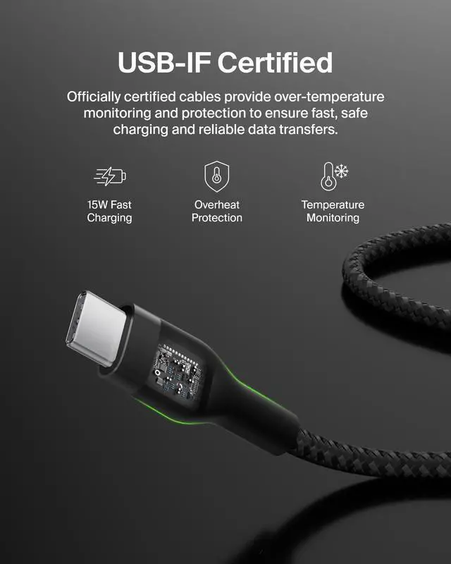 Alt view image 5 of 7 - BoostCharge Pro Flex Braided USB-C to USB-A Cable (1M/3.3FT) USB-IF Certified Fast Charging Cable for iPhone 17, iPhone 17 Pro, iPad, Galaxy S25, Note, Pixel, Nintendo Switch 2 & More - Black