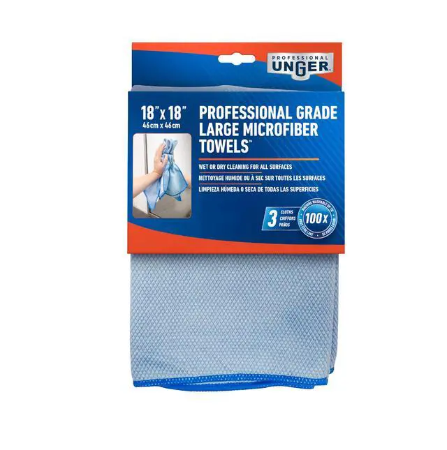 Alt view image 6 of 6 - Unger Professional 18 x 18 Large Professional-Grade Microfiber Cloth Towels, 3 Pack, Multi-Purpose Wet and Dry Cleaning Cloths for Kitchen, Bath, Auto, Appliances, Car Supplies