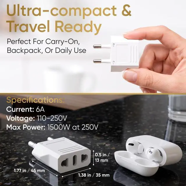 Alt view image 5 of 7 - 4 Pack European Travel Plug Adapter, Unidapt US to Europe Plug Adapter, European Adapter Type C Pin Adaptor, Outlet Converter America USA to Europe Italy Spain Germany France EU, Power Plug, White