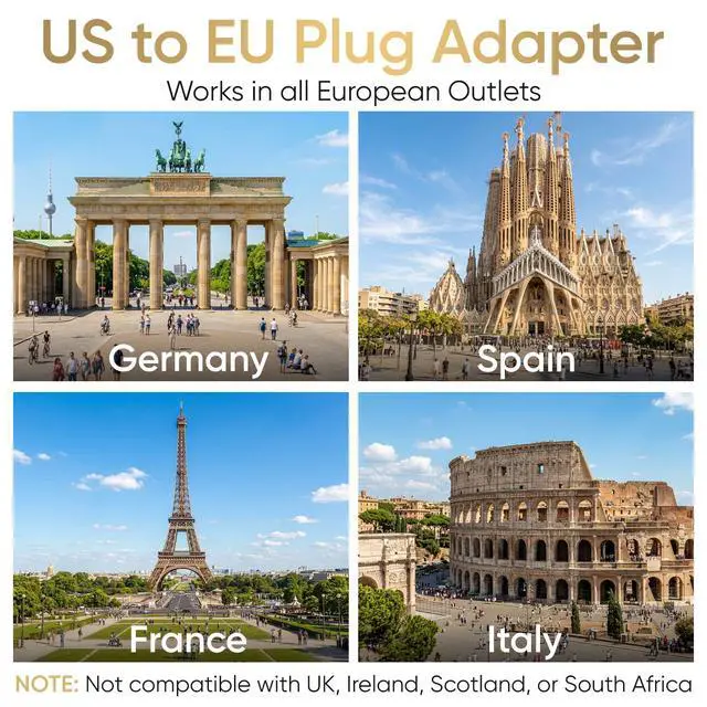 Alt view image 6 of 7 - 4 Pack European Travel Plug Adapter, Unidapt US to Europe Plug Adapter, European Adapter Type C Pin Adaptor, Outlet Converter America USA to Europe Italy Spain Germany France EU, Power Plug, White