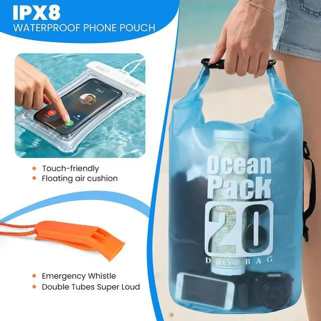 Alt view image 4 of 7 - Dry Bag Waterproof, Roll Top Small Waterproof Backpack 20L, Floating Lightweight Bag with Water Proof Phone Pouch for Kayaking, Paddle Boarding, Boating, Fishing, Swimming