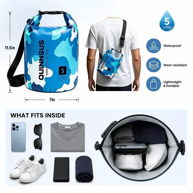 Alt view image 2 of 7 - Waterproof Dry Bag Backpack 5L Roll Top Floating Sack Keeps Gear Dry for Kayaking, Boating, Fishing, Camping, Swimming & Hiking, Beach Accessories Blue Camo