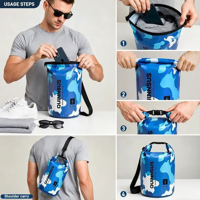 Alt view image 4 of 7 - Waterproof Dry Bag Backpack 5L Roll Top Floating Sack Keeps Gear Dry for Kayaking, Boating, Fishing, Camping, Swimming & Hiking, Beach Accessories Blue Camo