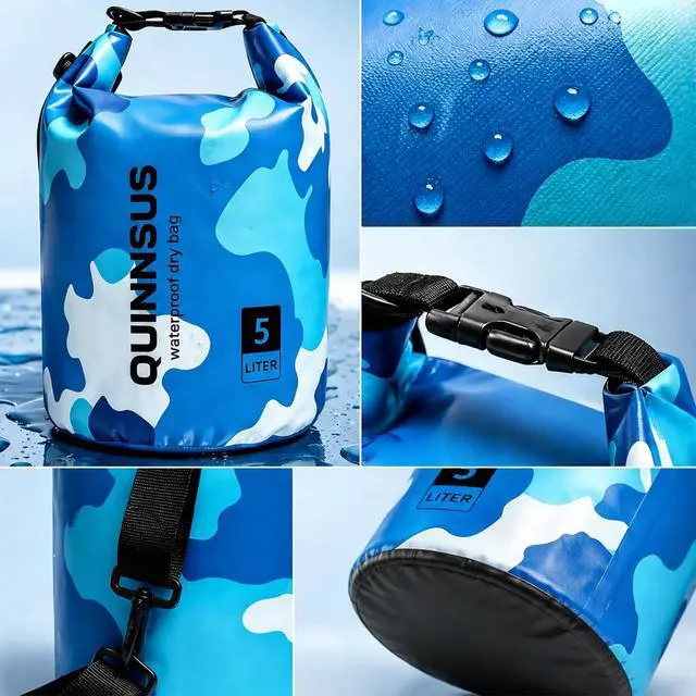 Alt view image 5 of 7 - Waterproof Dry Bag Backpack 5L Roll Top Floating Sack Keeps Gear Dry for Kayaking, Boating, Fishing, Camping, Swimming & Hiking, Beach Accessories Blue Camo