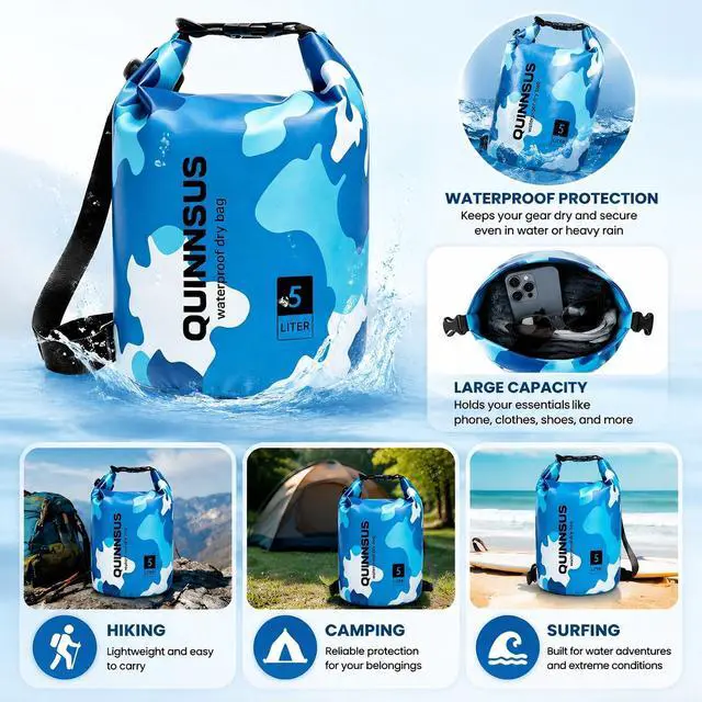 Alt view image 3 of 7 - Waterproof Dry Bag Backpack 5L Roll Top Floating Sack Keeps Gear Dry for Kayaking, Boating, Fishing, Camping, Swimming & Hiking, Beach Accessories Blue Camo