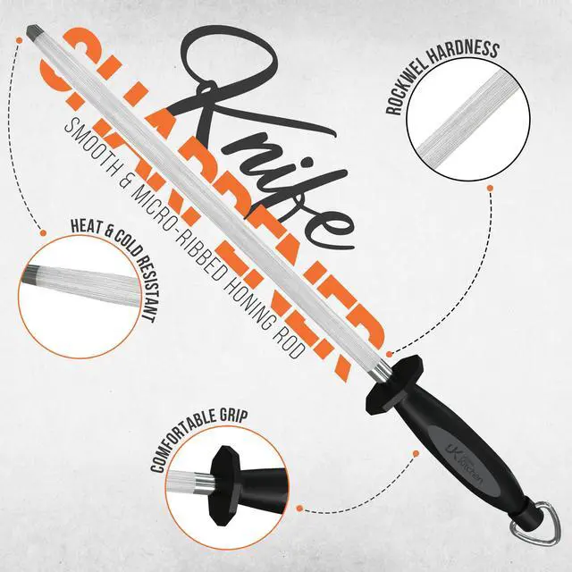 Alt view image 3 of 7 - Knife Sharpener Rod 12 Inch, Professional Honing Rod for Knife Sharpening with Hanging Hook, Black