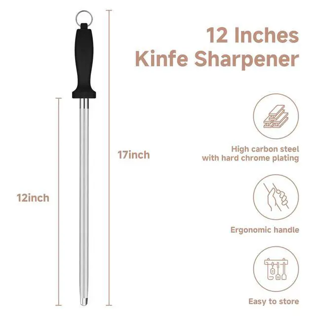 Alt view image 2 of 6 - Kitchen Knife Sharpener Rod-12 Inches Professional Carbon Steel Knife Sharpening Honing Rod with Hanging Holes for Household, Chef, Hunting Sporting and Pocketknives, 17" Overall