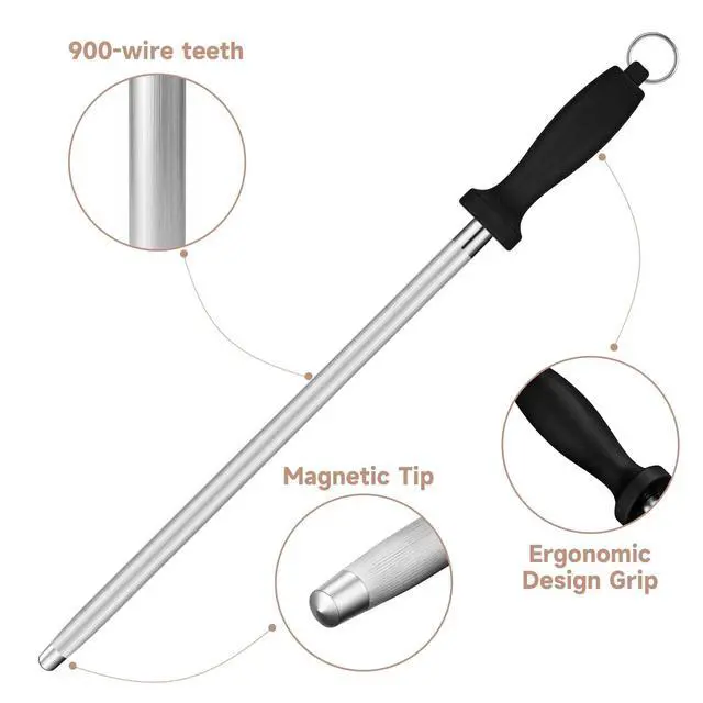 Alt view image 3 of 6 - Kitchen Knife Sharpener Rod-12 Inches Professional Carbon Steel Knife Sharpening Honing Rod with Hanging Holes for Household, Chef, Hunting Sporting and Pocketknives, 17" Overall