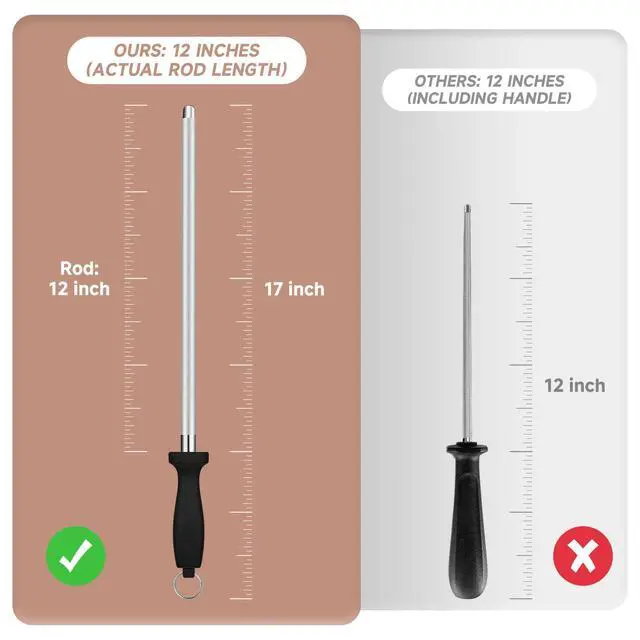 Alt view image 4 of 6 - Kitchen Knife Sharpener Rod-12 Inches Professional Carbon Steel Knife Sharpening Honing Rod with Hanging Holes for Household, Chef, Hunting Sporting and Pocketknives, 17" Overall