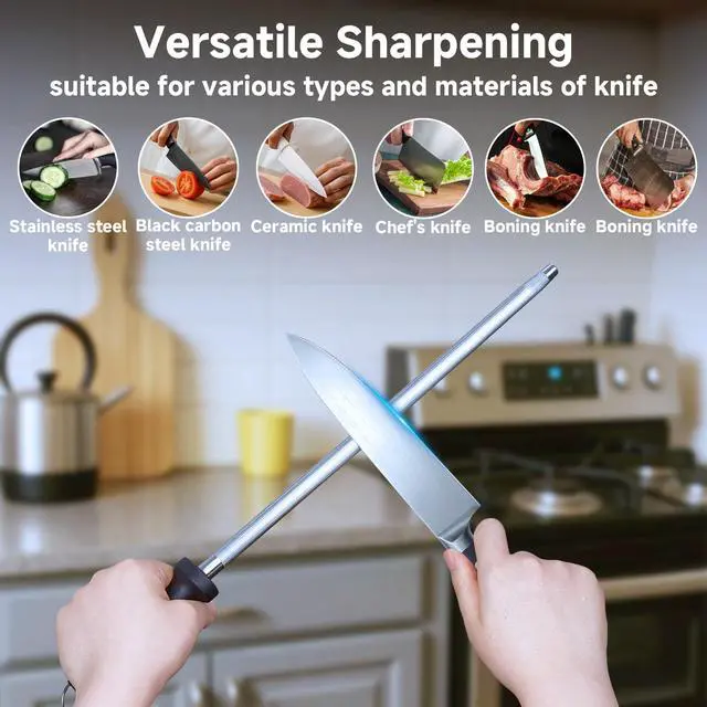 Alt view image 6 of 6 - Kitchen Knife Sharpener Rod-12 Inches Professional Carbon Steel Knife Sharpening Honing Rod with Hanging Holes for Household, Chef, Hunting Sporting and Pocketknives, 17" Overall
