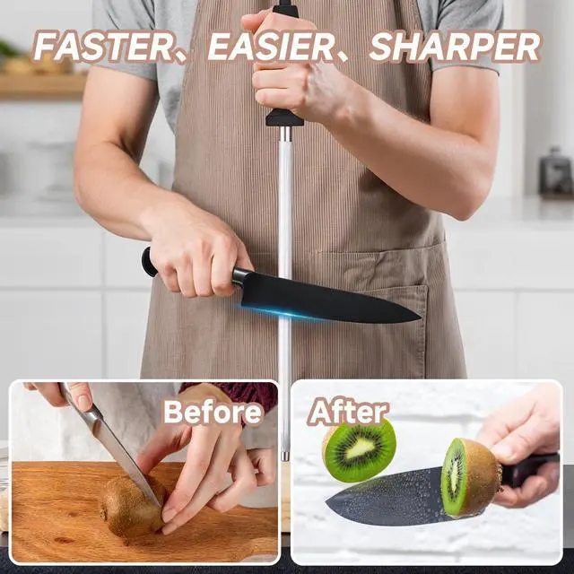 Alt view image 5 of 6 - Kitchen Knife Sharpener Rod-12 Inches Professional Carbon Steel Knife Sharpening Honing Rod with Hanging Holes for Household, Chef, Hunting Sporting and Pocketknives, 17" Overall