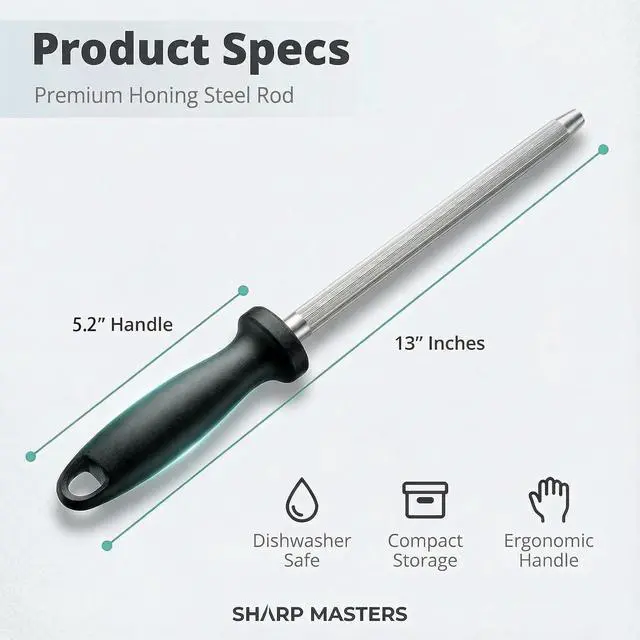Alt view image 2 of 7 - Knife Sharpener Rod, 13 Inch Carbon Steel Honing Steel for Kitchen Knives, Professional Magnetized Sharpening Stick with Nickel-Chrome Plating, Easy Grip Tool for Chef Knives