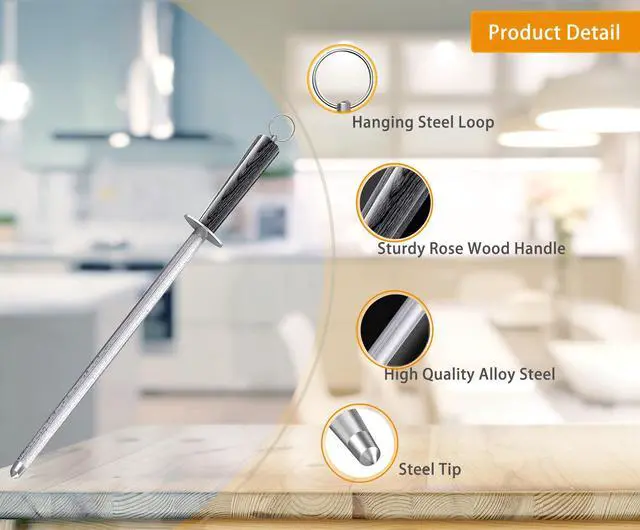 Alt view image 2 of 7 - Honing Rod,12" Knife Sharpener Rod Knife Sharpening Steel Rod Adopt 66HRC Hard Alloy Steel Material With Rosewood handle for Knives