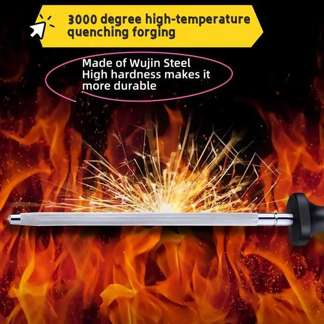 Alt view image 5 of 7 - 13" Professional Knife Sharpening Steel Rod - High Carbon Magnetic Honing Rod for Kitchen Chef Knives, Ergonomic Non-Slip Grip with Durable Serrations & Hanging Hole - Multi-Purpose for Home (13IN)
