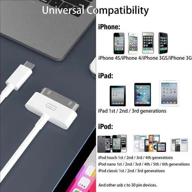 Alt view image 4 of 7 - USB C to 30 Pin Cable for iPhone 4, 3.3 Feet Type-C to 30-Pin Charging Cord