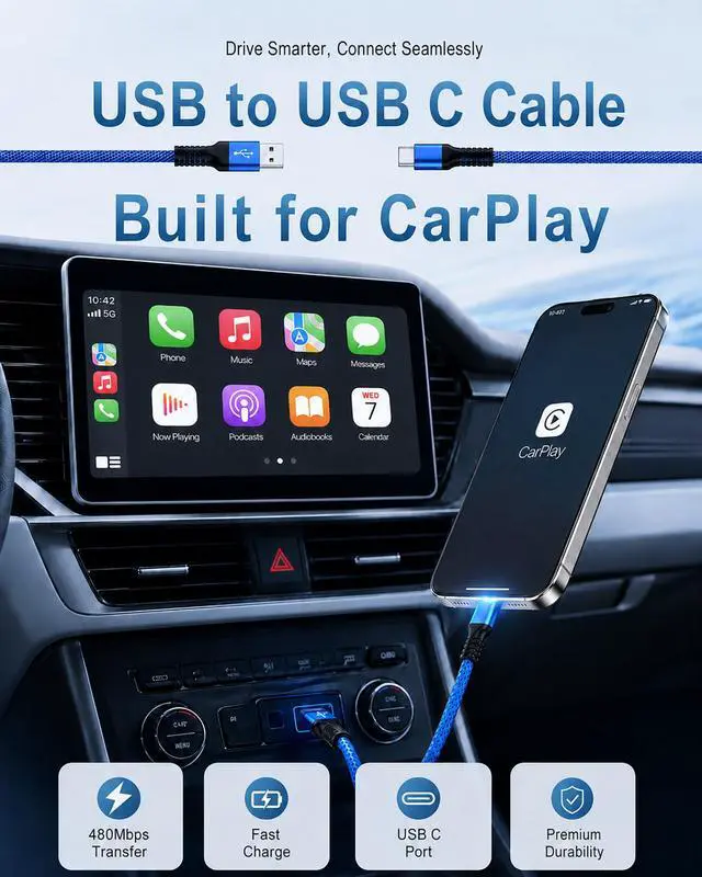 Alt view image 2 of 7 - USB to USB C Cable for Apple Carplay, 3Ft USBC Car Play Cord for i Phone 17