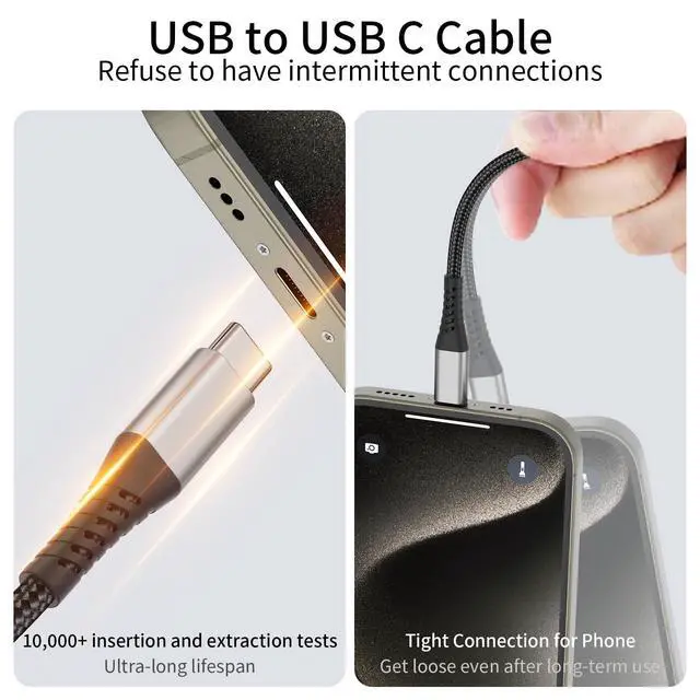Alt view image 4 of 7 - 2FT USB to USB C Cable, 3 Pack USB C Cable, 2 FT USBC iPhone Charger Cord, Braided USB Type C Cord Fast Charging for iPhone 16 15 Pro Max, Samsung Galaxy S24 S23 S22 Ultra, Goole Pixel