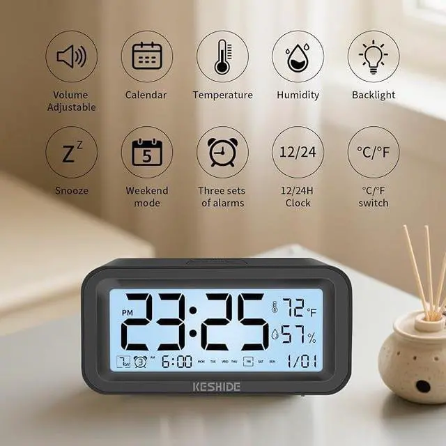 Alt view image 3 of 7 - Night Light Digital Alarm Clock Battery Operated with Indoor Temperature Humidity, Desk Small Clock,Snooze Model,12/24H Display for Bedrooms Heavy Sleepers Kids Travel Bathroom (Black)