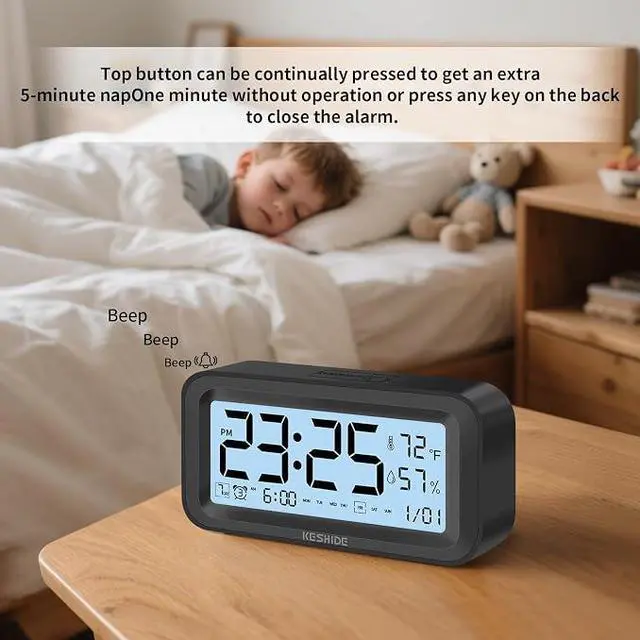 Alt view image 7 of 7 - Night Light Digital Alarm Clock Battery Operated with Indoor Temperature Humidity, Desk Small Clock,Snooze Model,12/24H Display for Bedrooms Heavy Sleepers Kids Travel Bathroom (Black)