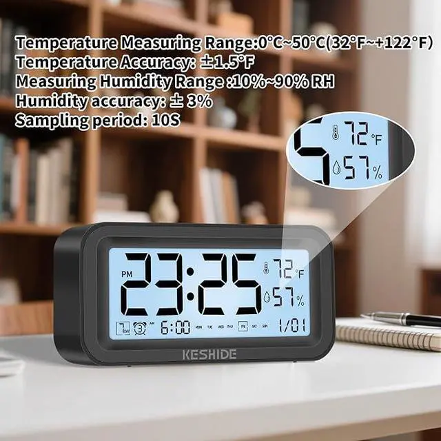 Alt view image 6 of 7 - Night Light Digital Alarm Clock Battery Operated with Indoor Temperature Humidity, Desk Small Clock,Snooze Model,12/24H Display for Bedrooms Heavy Sleepers Kids Travel Bathroom (Black)