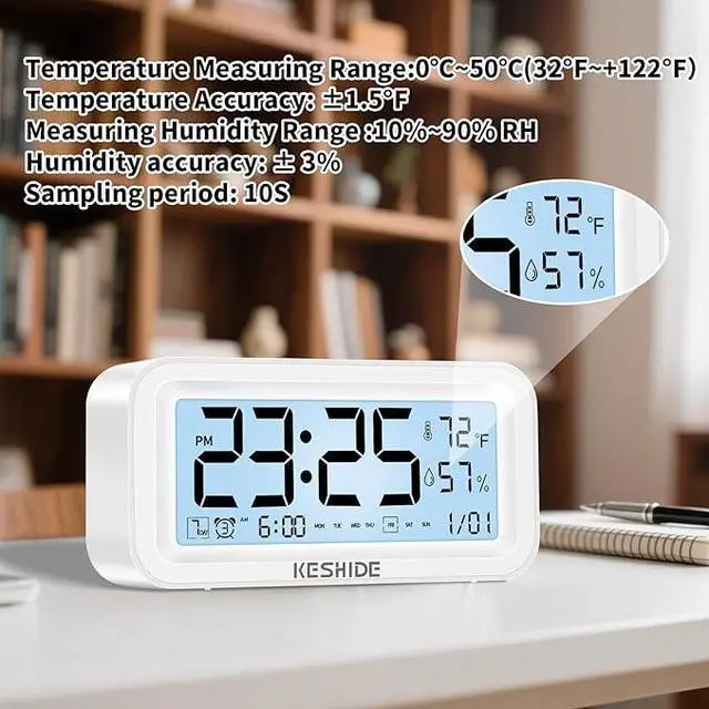 Alt view image 6 of 6 - Night Light Digital Alarm Clock Battery Operated with Indoor Temperature Humidity, Desk Small Clock,Snooze Model,12/24H Display for Bedrooms Heavy Sleepers Kids Travel Bathroom (White)