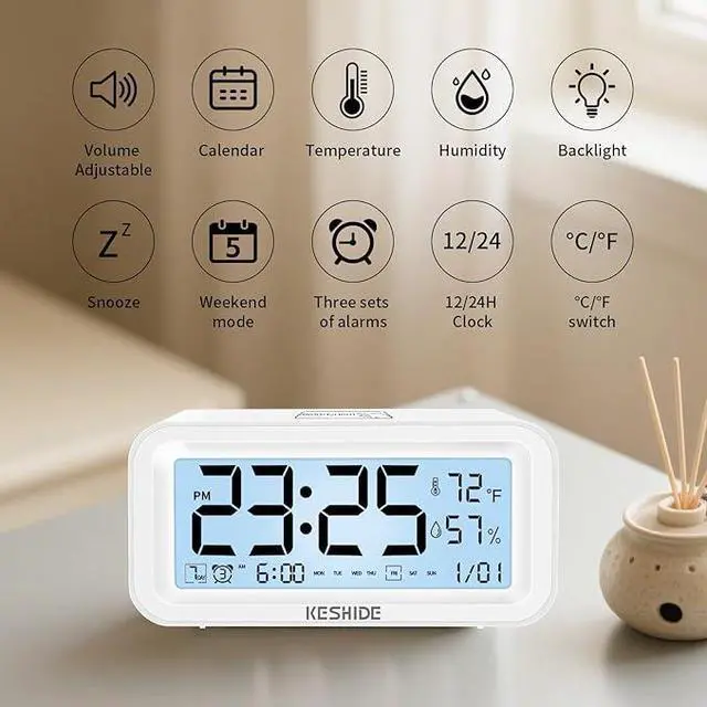 Alt view image 2 of 6 - Night Light Digital Alarm Clock Battery Operated with Indoor Temperature Humidity, Desk Small Clock,Snooze Model,12/24H Display for Bedrooms Heavy Sleepers Kids Travel Bathroom (White)