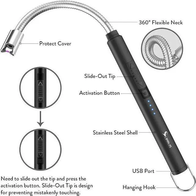Alt view image 4 of 7 - Electric Candle Lighter USB Type C Rechargeable Lighter Steel Shell & Hanging Hook with 360° Flexible Neck (Black)