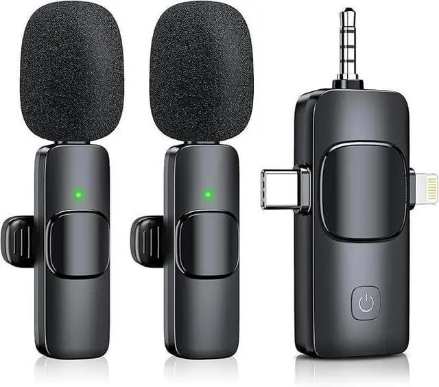 Main image of Wireless Lavalier Microphone for iPhone & Android & iPad & Camera - 2 Pack 3 in 1 Mini Microphones with Noise Reduction Lapel Mic for Live Stream Content Creators Podcast
