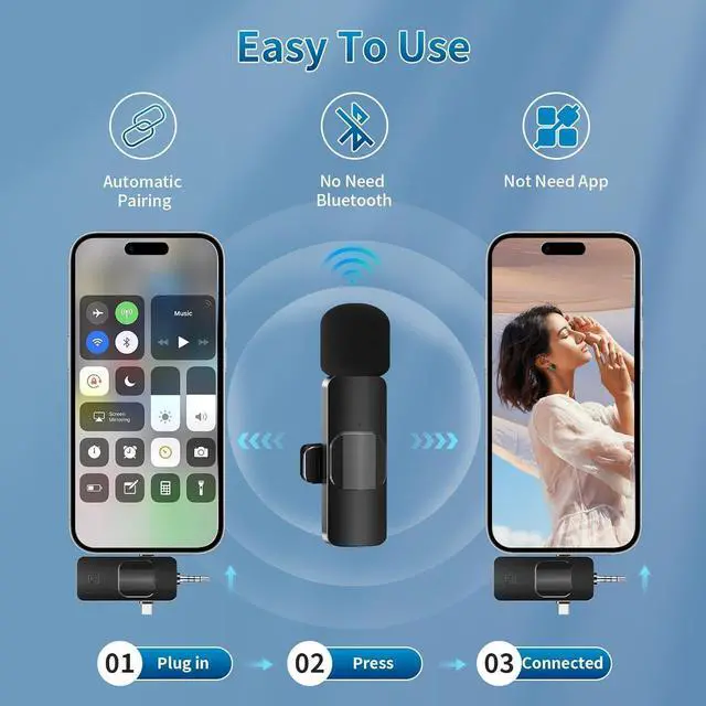 Alt view image 5 of 7 - Wireless Lavalier Microphone for iPhone & Android & iPad & Camera - 2 Pack 3 in 1 Mini Microphones with Noise Reduction Lapel Mic for Live Stream Content Creators Podcast
