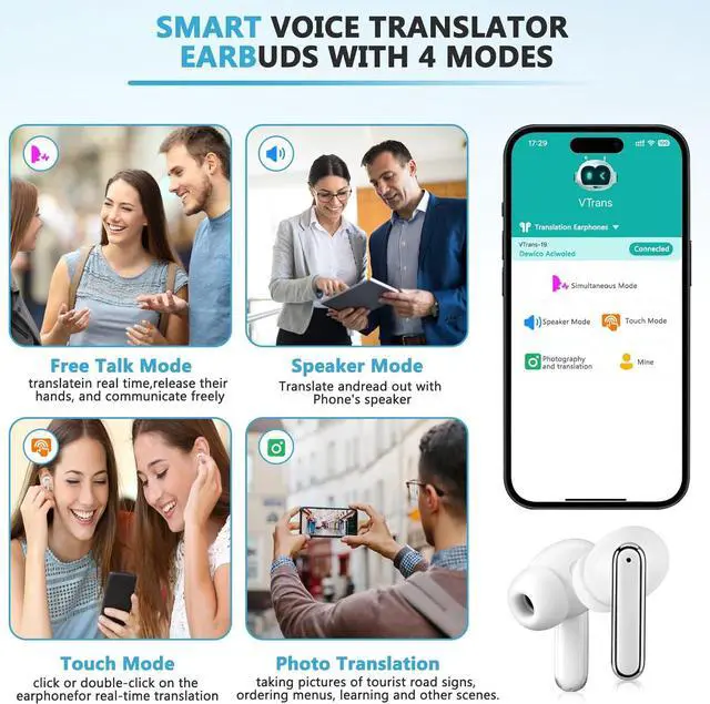 Alt view image 3 of 7 - Translation Earbuds Real Time Support 150 Languages,Translation Music and Calling 3-in-1,Translator Device with Bluetooth and APP,Provide Online Instant Voice Translation for Travel Business Learning