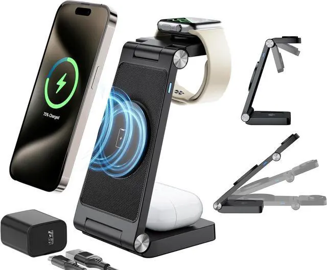 Main image of Magnetic Wireless Charging Station, 3 in 1 Fast Max Charging for iPhone 17 16 15 14 13 12 Pro Max Plus, Apple Watch, Air Pods Pro - Space-Saving Multi-Device Stand (Black)