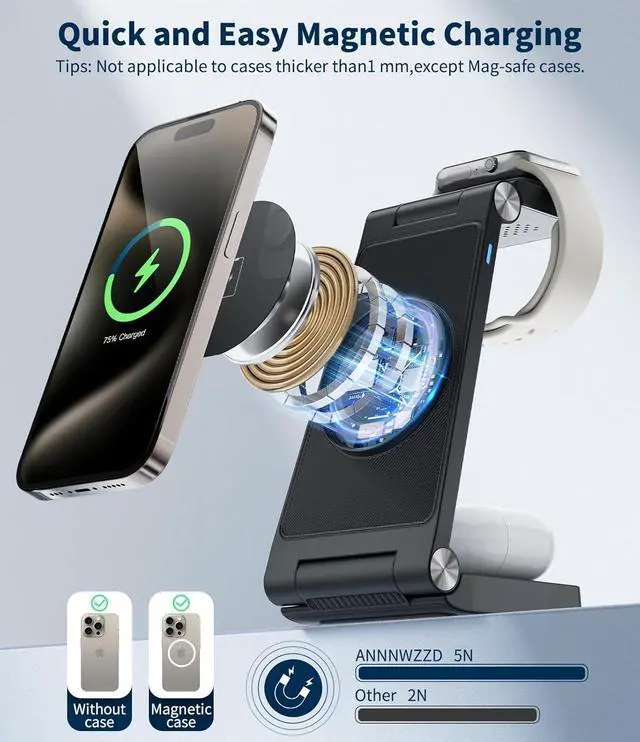 Alt view image 3 of 7 - Magnetic Wireless Charging Station, 3 in 1 Fast Max Charging for iPhone 17 16 15 14 13 12 Pro Max Plus, Apple Watch, Air Pods Pro - Space-Saving Multi-Device Stand (Black)