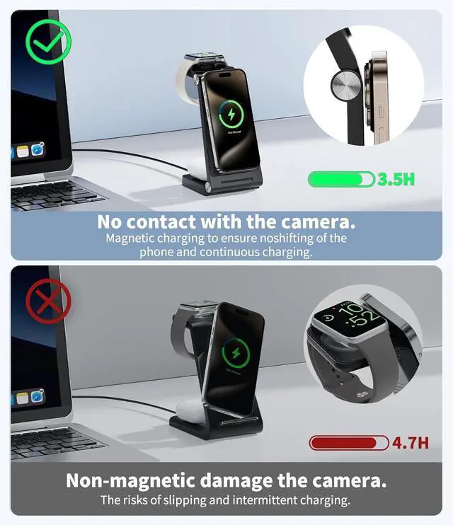 Alt view image 7 of 7 - Magnetic Wireless Charging Station, 3 in 1 Fast Max Charging for iPhone 17 16 15 14 13 12 Pro Max Plus, Apple Watch, Air Pods Pro - Space-Saving Multi-Device Stand (Black)
