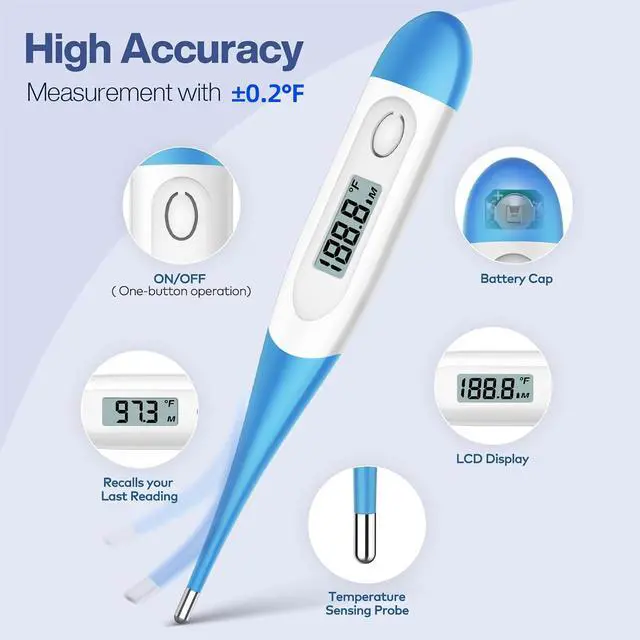 Alt view image 5 of 6 - 10 Seconds Oral Thermometer for Adults and Kids, Light Blue | Accurate & Safe, Rectal Digital Thermometer for Baby, Fever Alarm