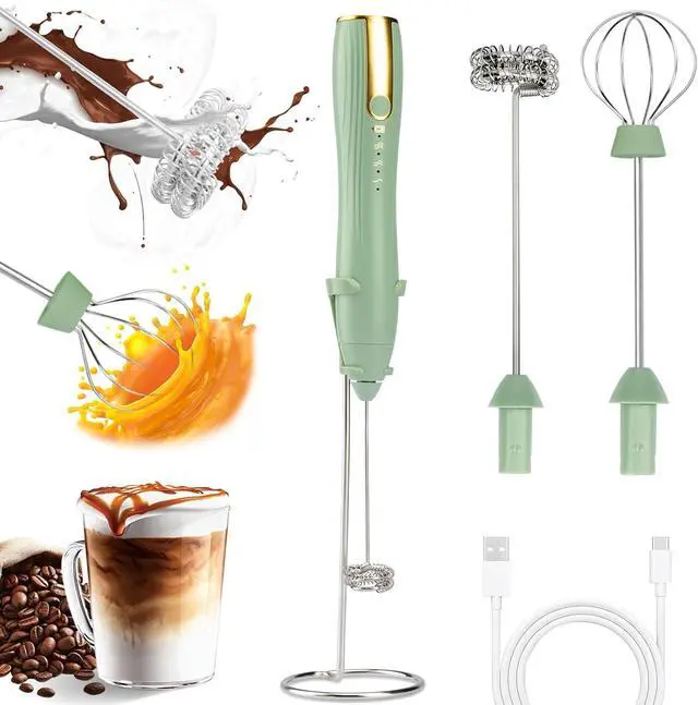 Main image of Frother Wand Rechargeable USB-C Milk Frother Handheld Mixer Electric with 2 Whisk Heads, 3 Speeds Adjustable Coffee Drink Mixer with Stand for Lattes, Matcha, Hot Chocolate, Egg, Matcha(Green)