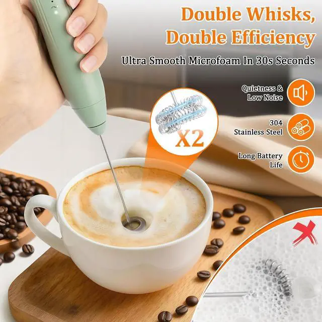 Alt view image 7 of 7 - Frother Wand Rechargeable USB-C Milk Frother Handheld Mixer Electric with 2 Whisk Heads, 3 Speeds Adjustable Coffee Drink Mixer with Stand for Lattes, Matcha, Hot Chocolate, Egg, Matcha(Green)