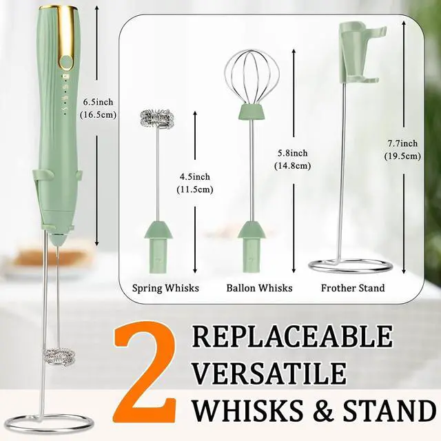 Alt view image 4 of 7 - Frother Wand Rechargeable USB-C Milk Frother Handheld Mixer Electric with 2 Whisk Heads, 3 Speeds Adjustable Coffee Drink Mixer with Stand for Lattes, Matcha, Hot Chocolate, Egg, Matcha(Green)