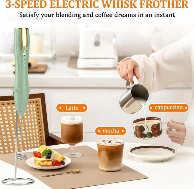 Alt view image 5 of 7 - Frother Wand Rechargeable USB-C Milk Frother Handheld Mixer Electric with 2 Whisk Heads, 3 Speeds Adjustable Coffee Drink Mixer with Stand for Lattes, Matcha, Hot Chocolate, Egg, Matcha(Green)